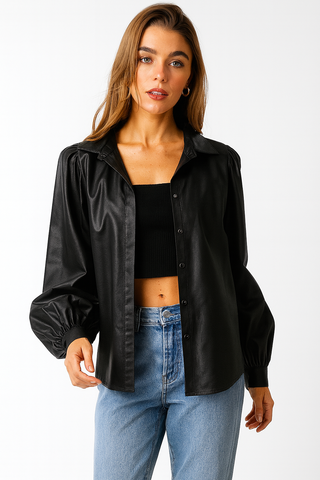 Bubble Sleeves Faux Leather Button Down Blouse