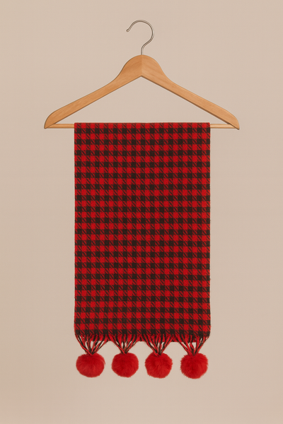 Soft Faux Fur Pom Poms Plaid Scarf