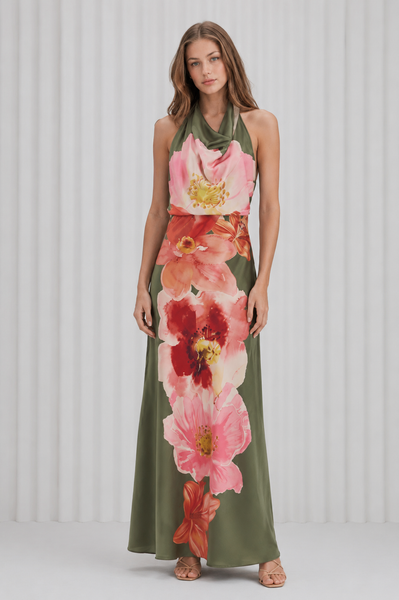 Vestido Satin Maxi Halter Estampado Floral