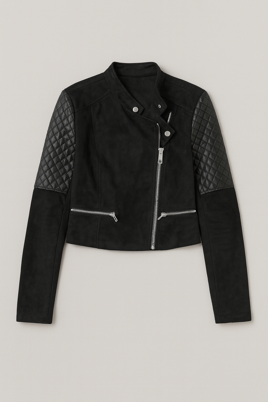 Suede & Faux Leather Asymmetrical Zipper Ribbed Arm Jacket