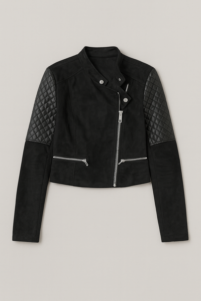 Suede & Faux Leather Asymmetrical Zipper Ribbed Arm Jacket