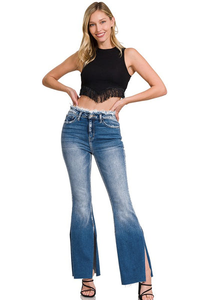 High Side Slits Frayed Stretch Denim Jeans