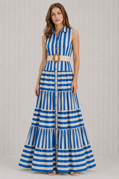 Vestido Maxi Rayas Escalonado con Cinturón