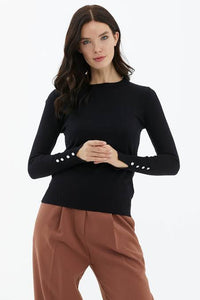 Button Sleeve Round Neck Knit Sweater