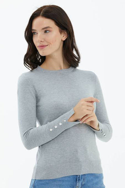 Button Sleeve Round Neck Knit Sweater