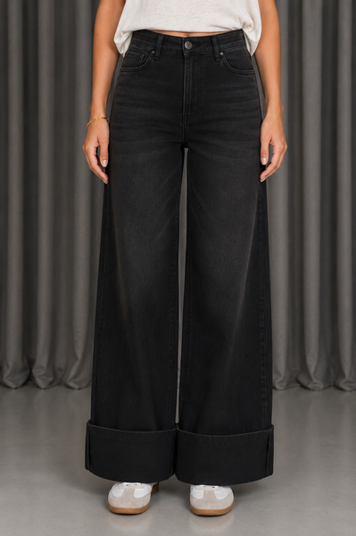 Super Stretch High Waist Washed Black Wide Leg Jeans