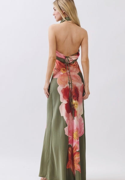 Vestido Satin Maxi Halter Estampado Floral