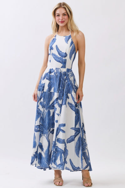 Vestido Maxi Halter Estampado Palmeras