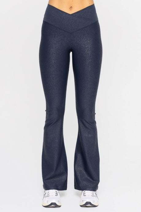 Sparkle Foil Look Crossover Flared Leggings