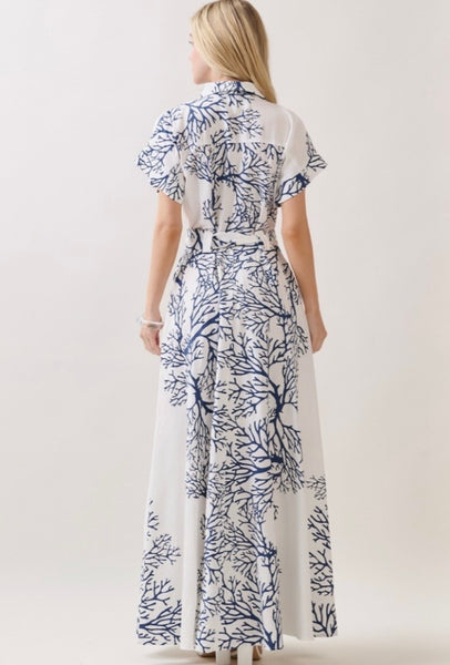 Vestido Maxi Estampado Manga Corta con Cinturón