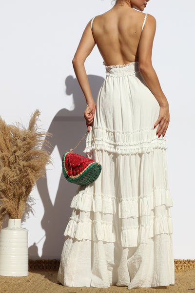 Vestido 100% Algodón Maxi Espalda Abierta con Volantes