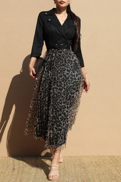 Suede + Leopard Pleated Midi Dress