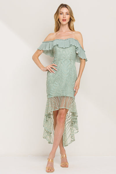 Vestido Midi Hombros Descubiertos con Encaje