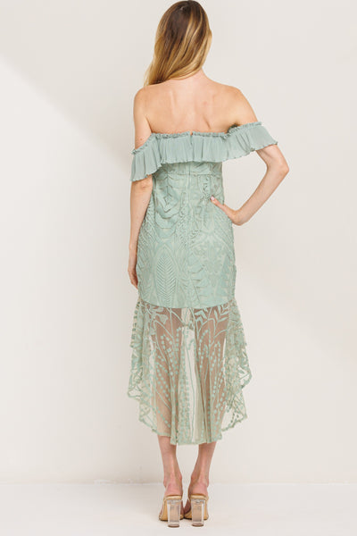 Vestido Midi Hombros Descubiertos con Encaje