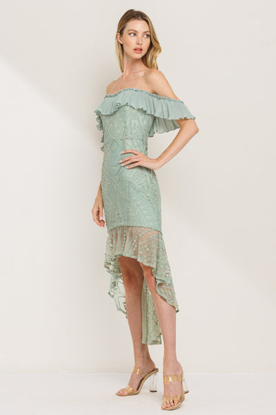 Vestido Midi Hombros Descubiertos con Encaje