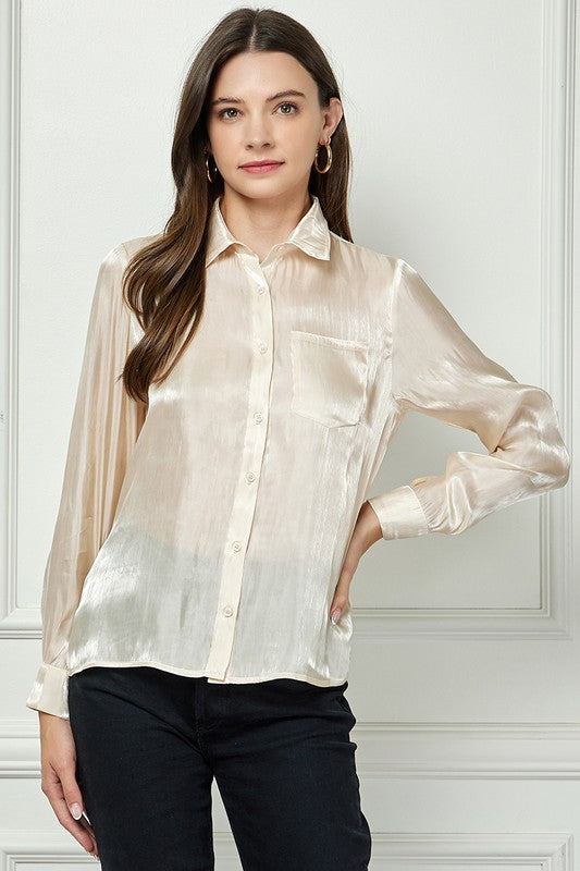 Organza Shiny Button Down Blouse