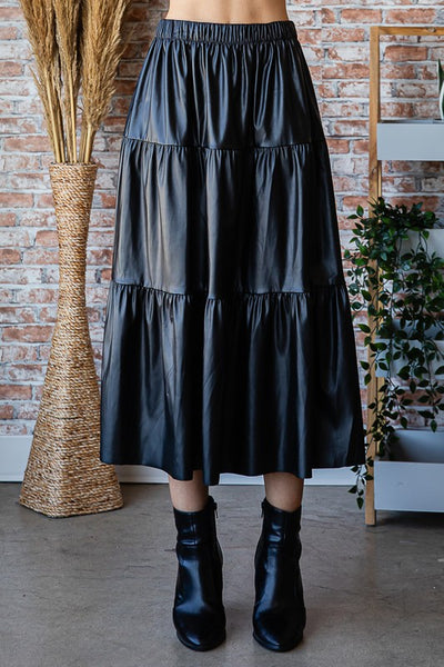 Faux Leather Tiered Midi Skirt