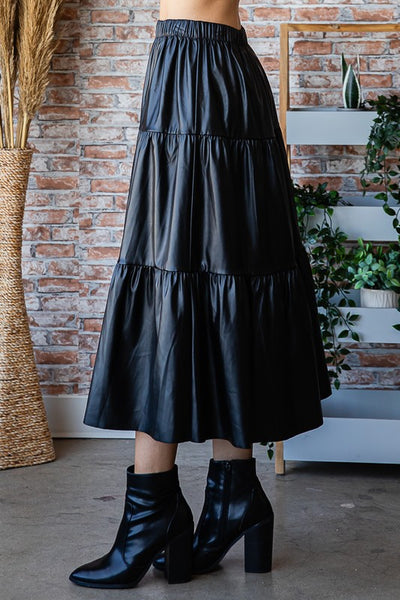 Faux Leather Tiered Midi Skirt