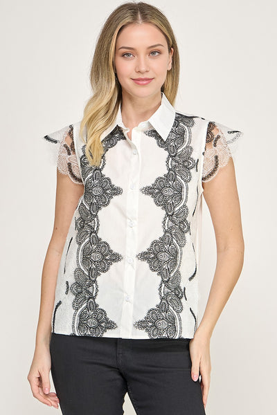 Blusa 100% algodón con Encaje Superpuesto y Manga Flutter