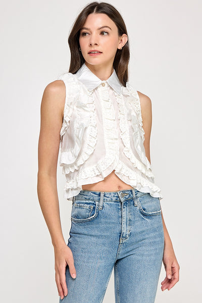 Blusa 100% Algodón Sin Mangas con Volantes y Encaje