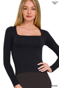 Soft Long Sleeve Seamless Top With Built-In Bra