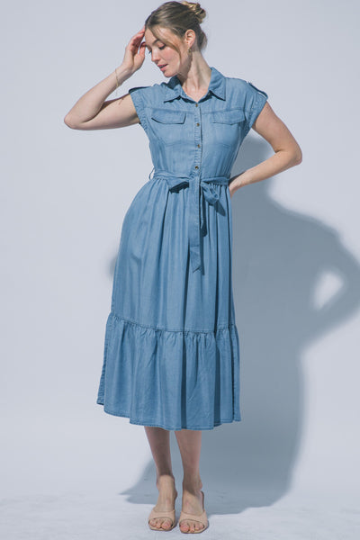 Vestido de Tencel Camisero Manga Corta