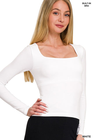 Soft Long Sleeve Seamless Top With Built-In Bra