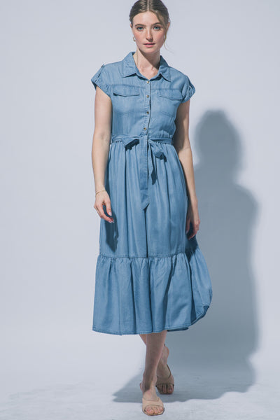 Vestido de Tencel Camisero Manga Corta