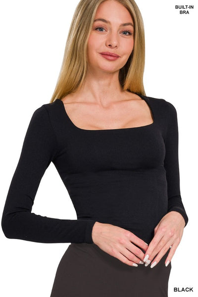 Soft Long Sleeve Seamless Top With Built-In Bra