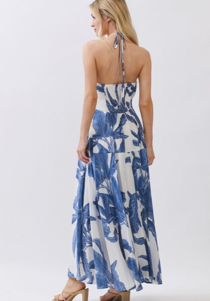 Vestido Maxi Halter Estampado Palmeras