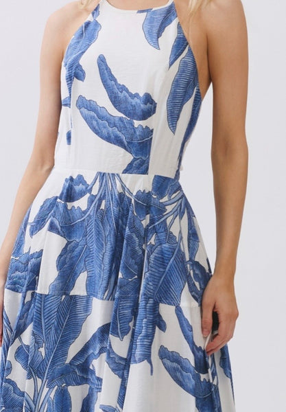 Vestido Maxi Halter Estampado Palmeras
