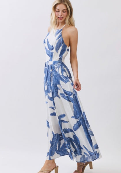 Vestido Maxi Halter Estampado Palmeras