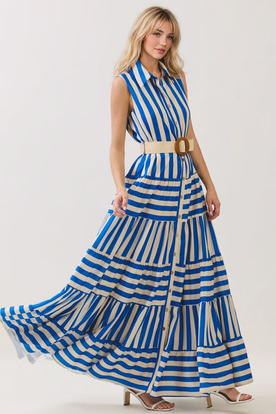 Vestido Maxi Rayas Escalonado con Cinturón