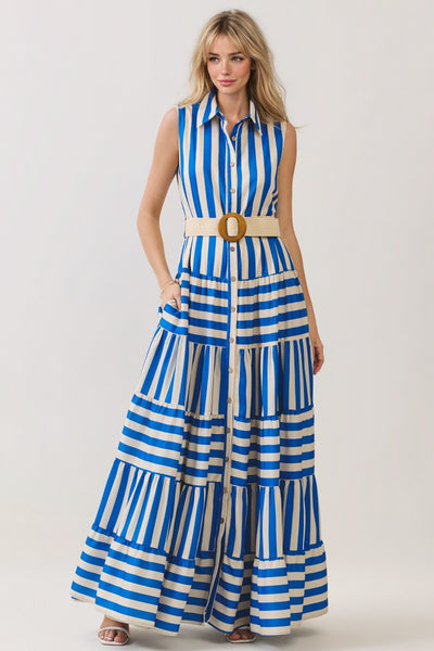 Vestido Maxi Rayas Escalonado con Cinturón