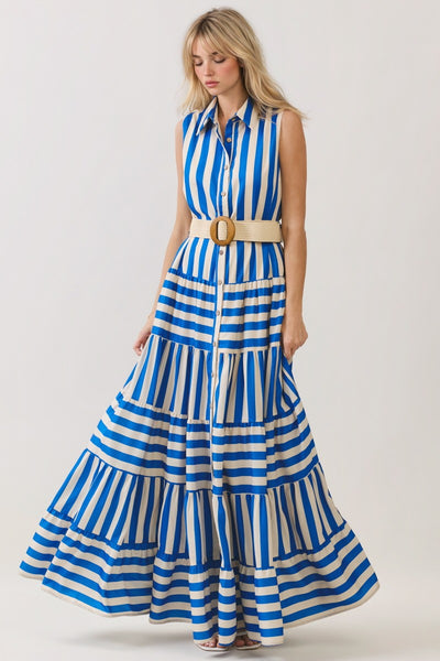 Vestido Maxi Rayas Escalonado con Cinturón