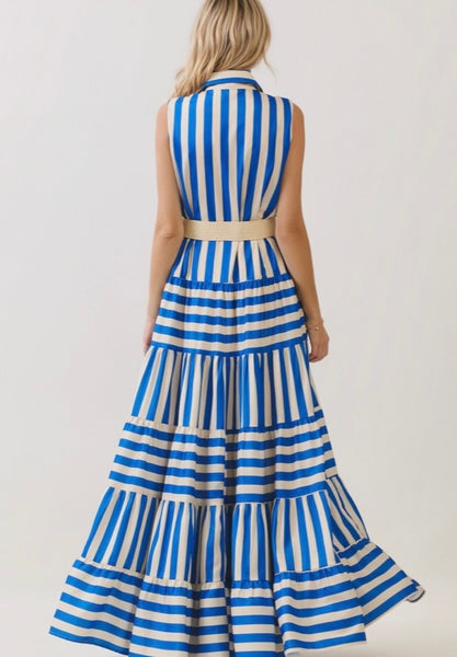 Vestido Maxi Rayas Escalonado con Cinturón