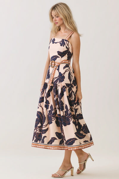 Vestido Midi Floral con Tirantes y Falda Escalonada