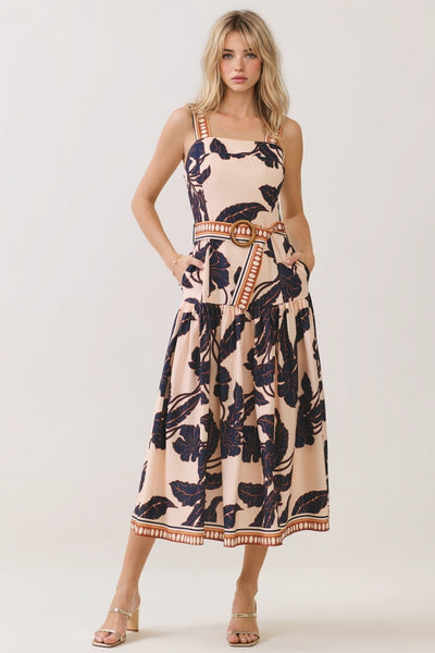 Vestido Midi Floral con Tirantes y Falda Escalonada