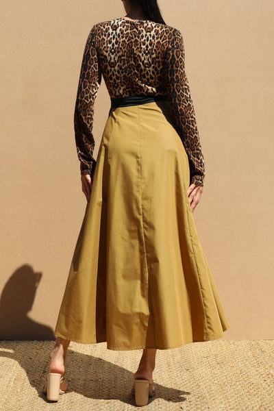 Leopard A Line Bow Belt Midi Dress