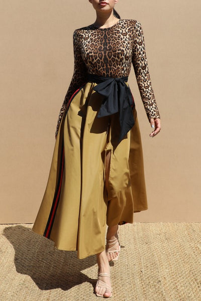 Leopard A Line Bow Belt Midi Dress