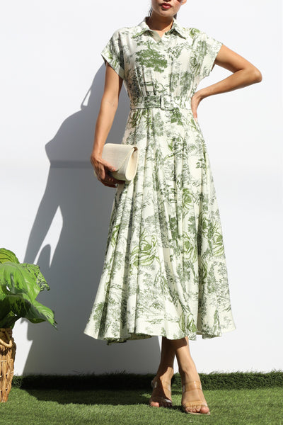 Vestido Midi Botanico con Botones y Cinturón