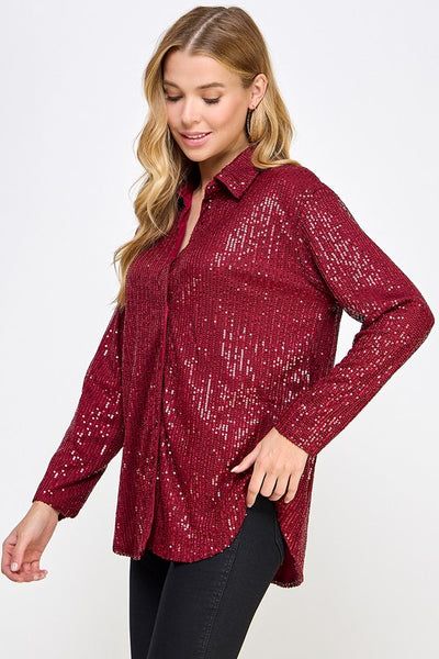 Sequin Long Sleeve Button Down Blouse