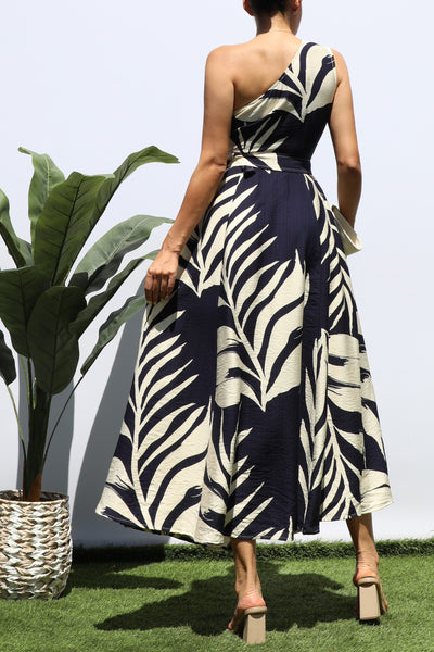 Vestido Midi Un Hombro Estampado Hojas