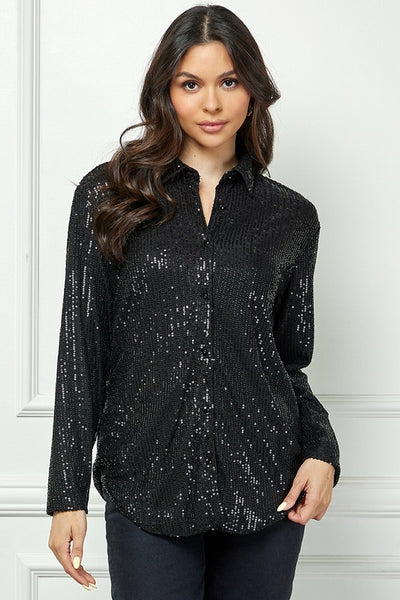 Sequin Long Sleeve Button Down Blouse