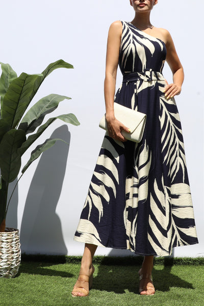 Vestido Midi Un Hombro Estampado Hojas