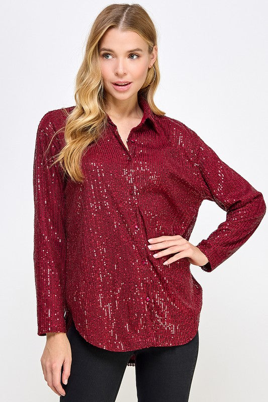 Sequin Long Sleeve Button Down Blouse