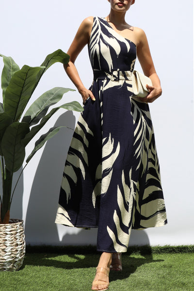 Vestido Midi Un Hombro Estampado Hojas