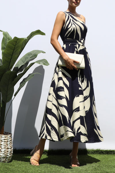 Vestido Midi Un Hombro Estampado Hojas