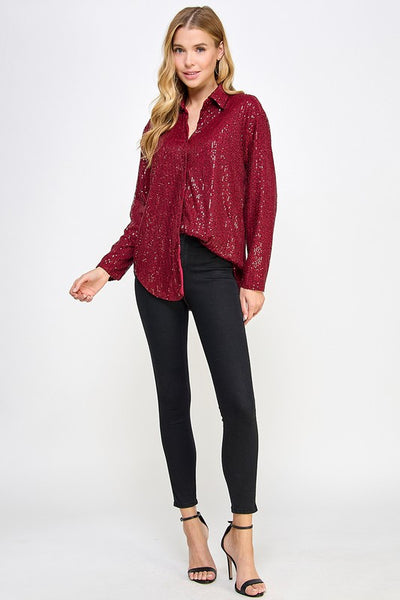 Sequin Long Sleeve Button Down Blouse