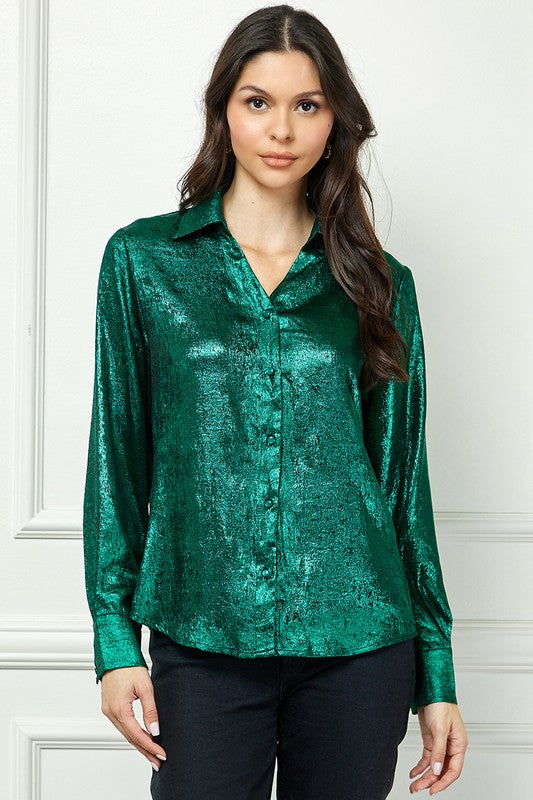 Metallic Long Sleeve Button Down Blouse